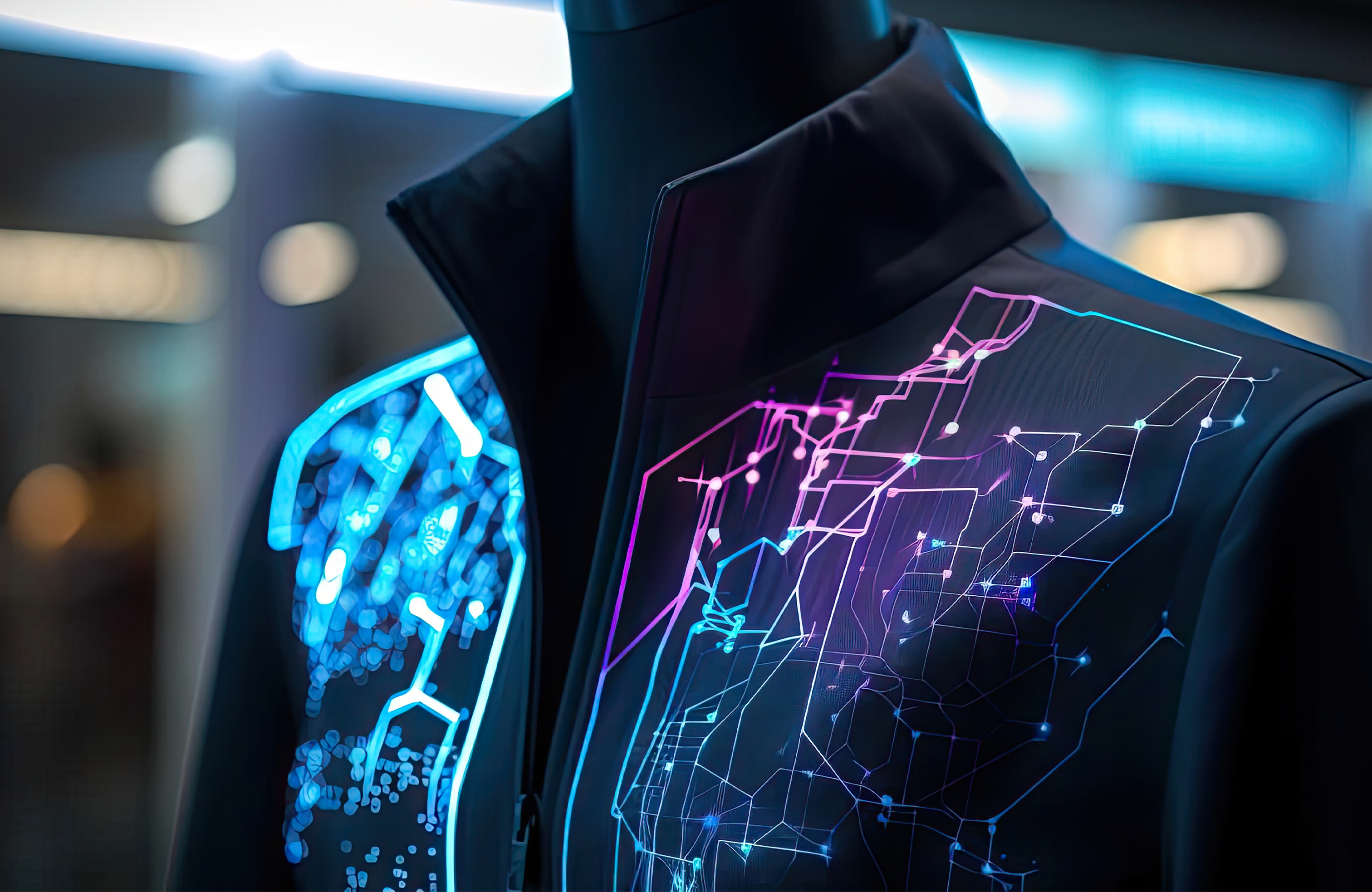 An image of a smart black jacket that has has colourful digital mapping nodes all over